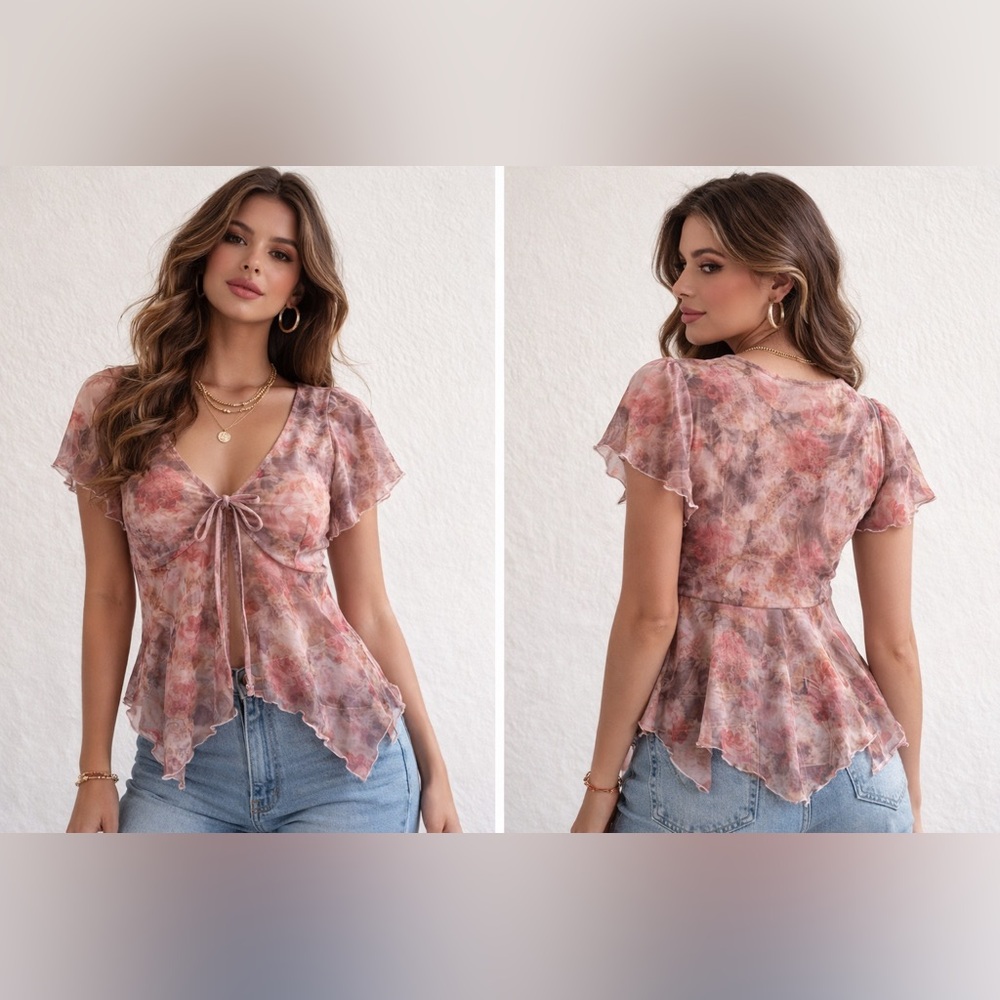 Madden Girl Sheer Floral Tie Front Mesh Top Asymmetrical Hem Size M